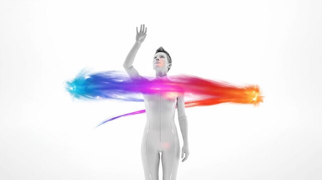 Female android robot representing artificial intelligence, technology, future, and data, standing in a sleek white futuristic bodysuit against a clean white background