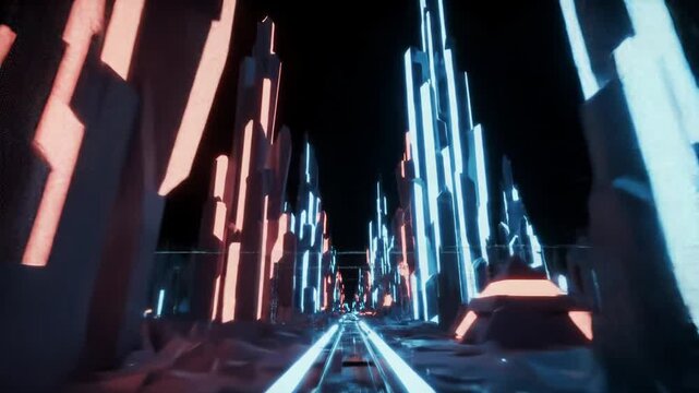 Abstract 3D animation of a futuristic cityscape with glowing blue and red neon structures in a black void, cinematic camera, high-tech tron future concept