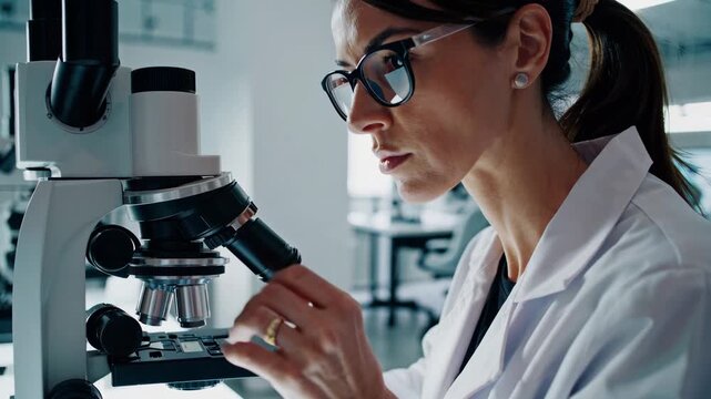 A female science professional's focus on laboratory research analysis, modern laboratory microscope research technology