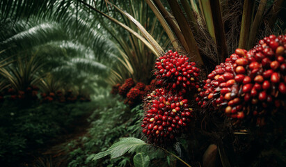 Fototapeta premium AI generator images of Date palm, Close-up bunch of fresh date palm fruit hanging on tree. Date palm tree with nets covering fruit, Plantation of date palms, agriculture industry in desert areas 