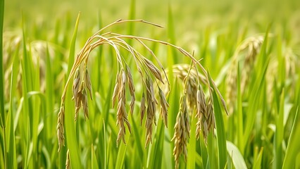 malnourished. Malnourished rice stalks drooping in field with thin stems under daylight. ESG reports, sustainability campaigns, designed for sustainability communications and ESG reporting.