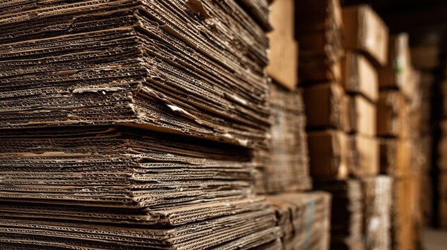 Close-up texture of large stacks of corrugated brown cardboard sheets