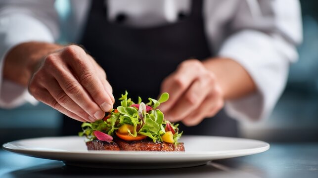 Hands move gracefully as fresh greens and colorful vegetables are artfully placed on a gourmet meal in a vibrant kitchen. The atmosphere is filled with culinary excitement