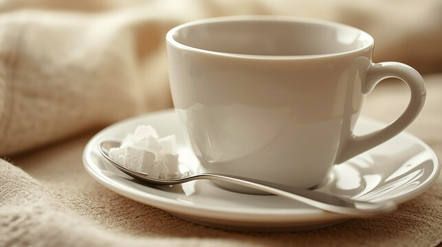 Cozy coffee cup with sugar cubes on a white saucer, elegant neutral fabric background. Perfect for a relaxing morning, warm beverage break, or a hygge aesthetic lifestyle decor.