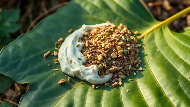 concoction. Crushed medicinal herbs mixed into a paste on a large leaf. menu design, packaging mockups, designed for culinary blogs and recipe cards for restaurants, simplifies recipe learning.