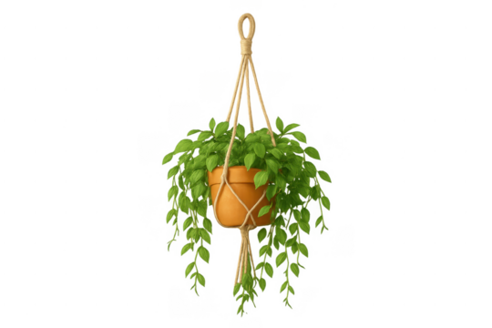 Hanging houseplant in macrame terracotta pot creating cozy decor