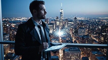 Businessman collaborating with advanced technology, using a digital tablet to display a glowing hologram of a city skyscraper, reflecting innovation against a vibrant evening cityscape - Powered by Adobe