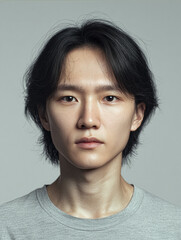 Portrait of a young East Asian male model with medium black hair and neutral expression on gray background