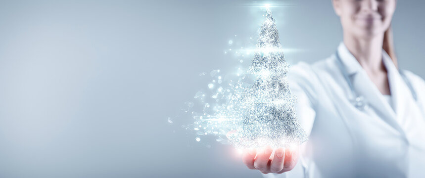 A female medical professional in a lab coat holds a holographic Christmas tree. Congratulations, medical service promotions, holidays - Powered by Adobe