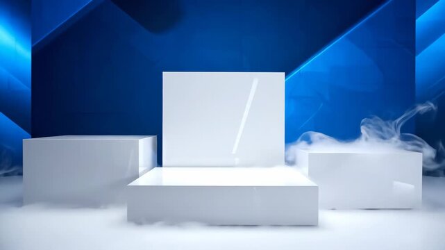 White Product Display Podium with Fog - A studio shot features three white, cube-shaped podiums arranged on a white surface, set against a modern, angled blue background.