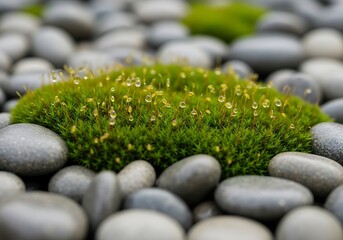 Green Moss Clump Covered with Water Drops Among Smooth Gray Stones