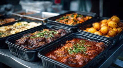 Detailed view of ready to eat meals in containers at an outdoor kitchen