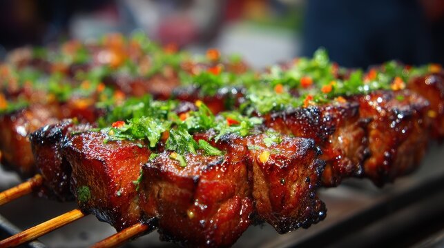 Detailed view of savory Thai grilled pork skewers called Moo Ping