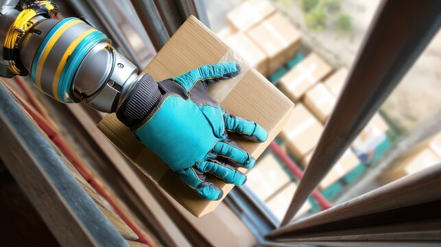 Robotic hand grasping cardboard box in modern logistics facility showcasing automation efficiency in a high-tech delivery environment captured with clarity