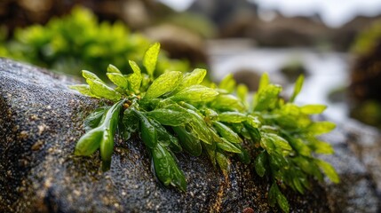 Detailed view of tiny Fucus vesiculosus algae on a coastal rock at low tide