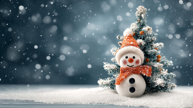AI generator images of A festive winter background with two happy snowmen made from balls of yarn, buttons and lace. snowman in the snow with Christmas balls ,Christmas card,