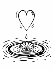 Minimilist heart above water lily with droplet falling creating ripples in a black and white illustration vector
