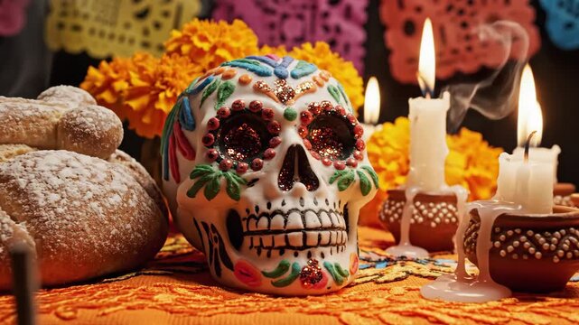 Day of the Dead Still Life - A decorated sugar skull sits amidst marigold flowers, lit candles, and pan de muerto on an orange tablecloth.