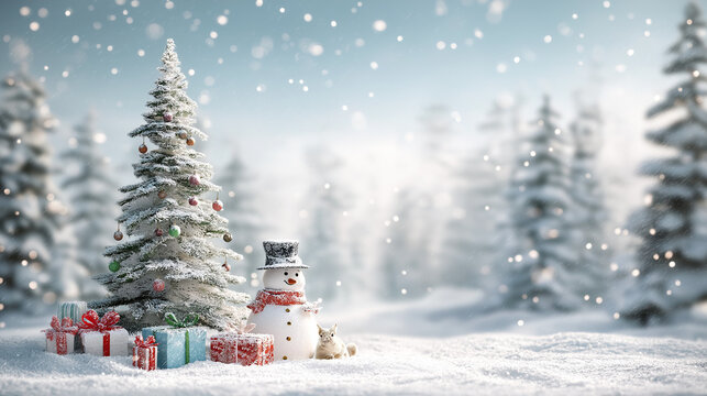 AI generator images of A festive winter background with two happy snowmen made from balls of yarn, buttons and lace. snowman in the snow with Christmas balls ,Christmas card,