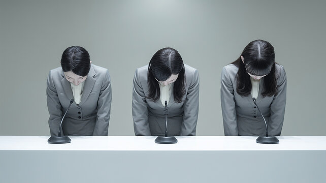 女性が記者会見で謝罪し深く頭を下げる