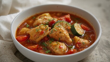 Fototapeta premium Culinary Still Life. A Vibrant Stew with Chicken and Vegetables in TomatoBased Sauce.