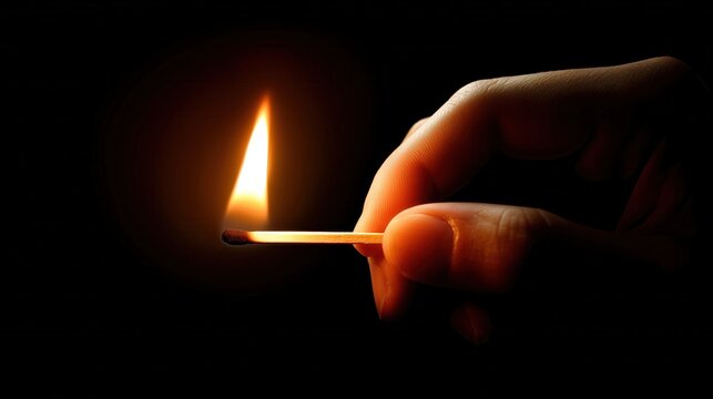 Human hand holding a burning wooden matchstick against a completely dark background