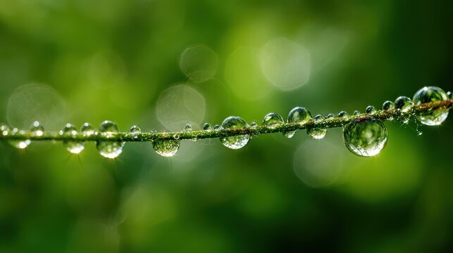 Dew droplets on green froze like beads on a spider s web in the summer sun