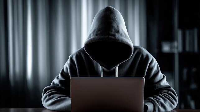 A hooded figure sits in front of a laptop, shrouded in darkness, evoking themes of secrecy and technology.