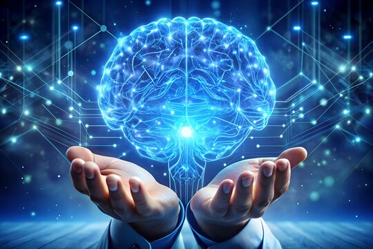 Human hands holding a glowing blue digital brain with intricate network connections symbolizing artificial intelligence and future technology