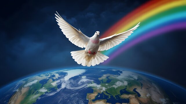 Peace dove flying over earth with rainbow hope and freedom symbol for global harmony and unity concept