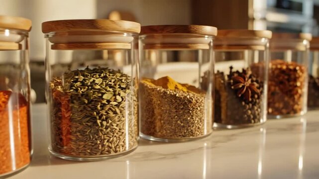 Spices in Glass Jars - A close-up shot of a row of glass jars filled with different spices and herbs. The jars have wooden lids and are displayed on a light surface, highlighting the variety of
