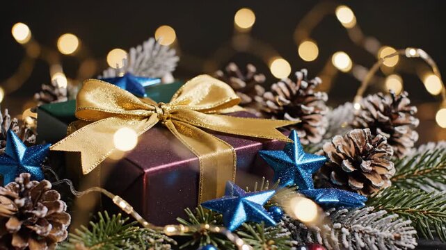 Festive Holiday Presents Amidst Decorations of Pine Cones, Stars, and Sparkling Lights