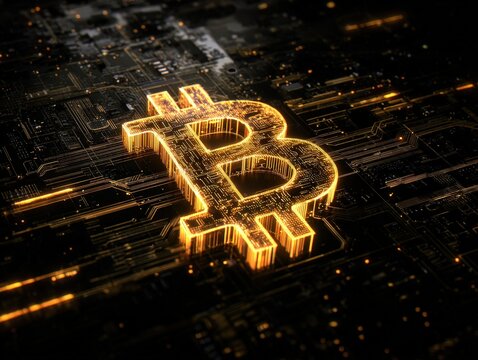 A glowing bitcoin symbol on a dark background with circuit board patterns