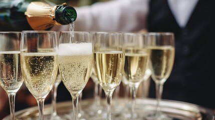 Bubbly champagne being poured into flutes during a festive celebration