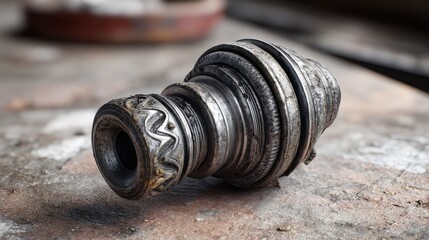 used cv joint with boot displayed on a workshop table showcasing wear and aging in automotive parts