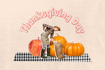 Artwork pop poster trend collage image of minded farmer man carry bag pumpkin garden harvest autumn season thanksgiving day