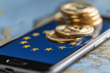 A smartphone displays the European Union flag, with coins stacked beside it, symbolizing digital finance and currency in Europe.