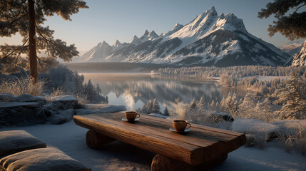 AI generator images of A beautiful winter landscape, with snow-capped mountains and towering peaks in the background, clearly reflected on the calm surface of the lake