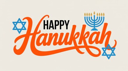 Happy hanukkah text with a menorah and star of david symbols, orange and blue colors on a light beige background