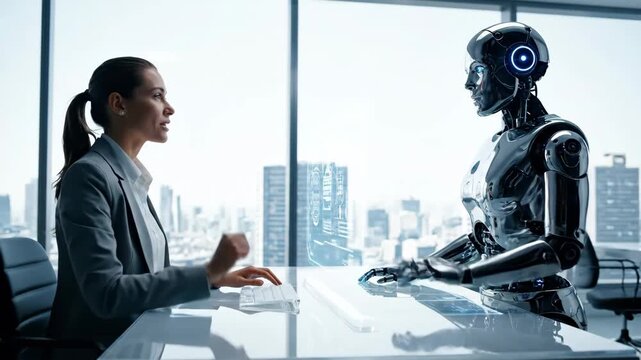 Businesswoman collaborates with a humanoid robot over a transparent desk, interacting with a holographic interface in a sleek city-office setting symbolizing ai-driven future work