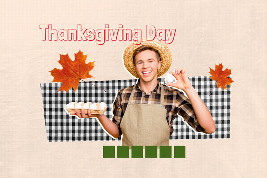 Full image poster art banner collage of happy farmer man hold egg autumn leaves celebration fall holiday thanksgiving day