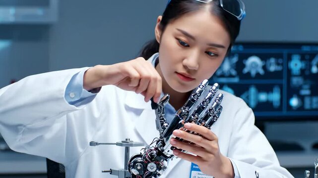 Young woman engineer in a lab coat and safety glasses assembling an intricate bionic hand prosthesis with a screwdriver, combining robotics, biomechanics and precision tech research