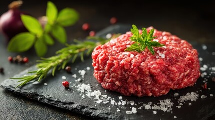 Fresh raw ground beef with salt and spices used for burger patties