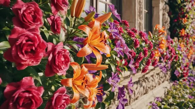 Floral Abundance - A close-up shows a lush array of red roses, orange lilies and purple clematis covering a window box.