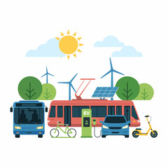 Sustainable Urban Transportation Illustration Featuring Electric Vehicles Renewable Energy Sources and Eco Friendly Transport Options Showcasing Green City Initiatives