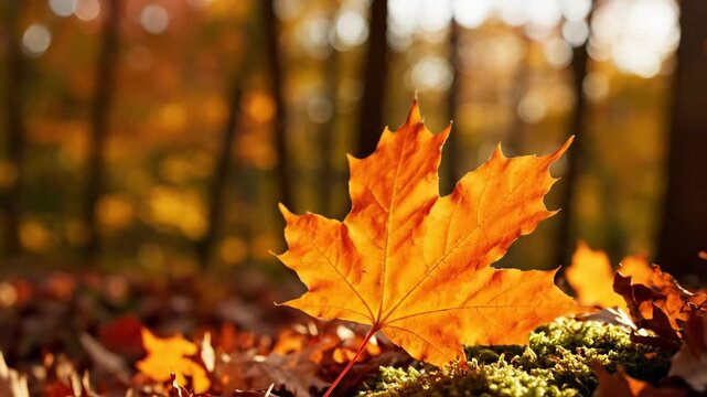 Golden Autumn Leaf - A vibrant yellow maple leaf sits atop a mossy patch surrounded by fallen leaves in an autumn forest. The background features blurred trees and soft bokeh.
