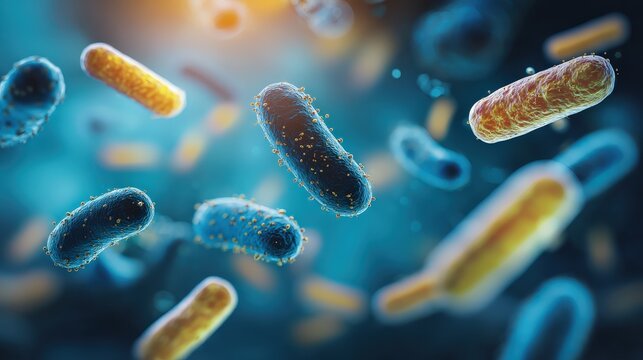 A vibrant depiction of bacteria in a microscopic view, showcasing various shapes and colors against a blue background.