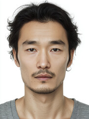 Portrait of a young East Asian male model with wavy hair and calm expression on white background