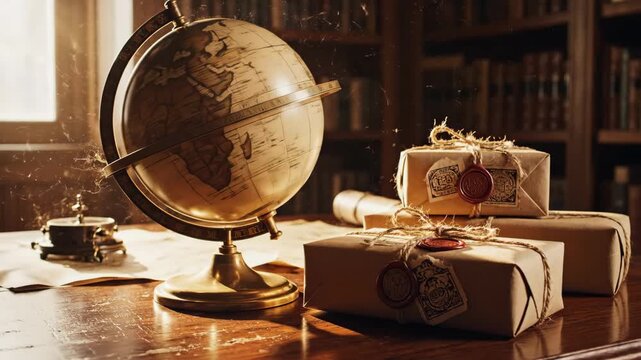 Vintage Study with Globe and Packages - A vintage-style study featuring an old-fashioned globe, wrapped packages with wax seals, and a dimly lit bookcase in the background.