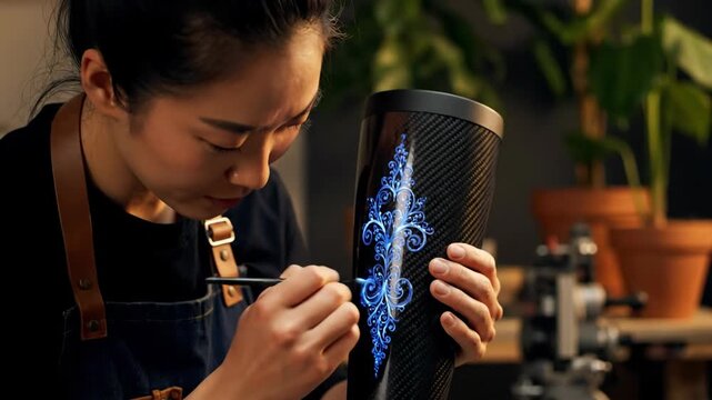 Woman artist painting an intricate blue pattern on a black carbon-fiber prosthetic leg, blending craftsmanship and tech to personalize assistive devices for individuality and empowerment